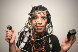Photo of guy tangled in wires