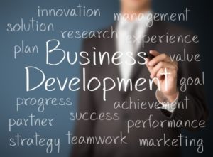 image of man writing business development on a clear board